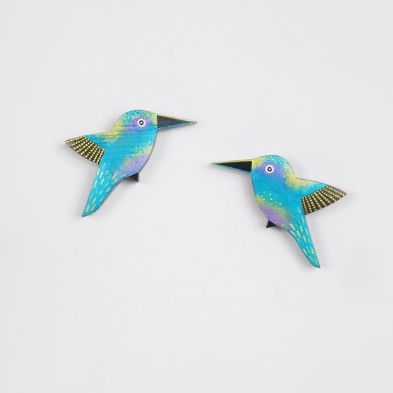 Hummingbird wall art, set of 2 flying miniature birds, tropical bird decor.