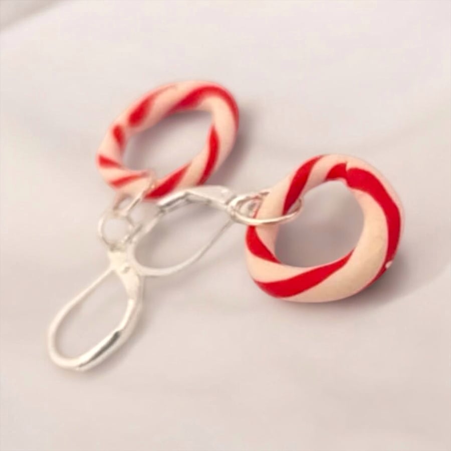 Candycane Striped Hoop Earrings, Lever Back Christmas Earrings, Gift For Her 