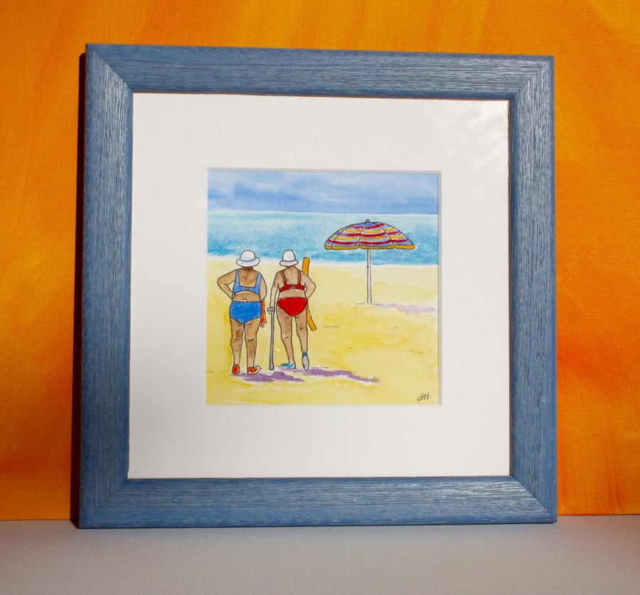 "TIME TO COOL OFF"-WATERCOLOUR SKETCH FRAMED IN BLUE WOODEN FRAME