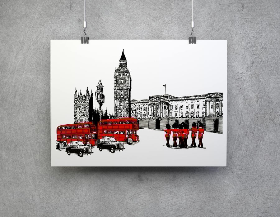 London Changing of the Guards Fine Art Print- A4 or A3 size- Free UK Shipping