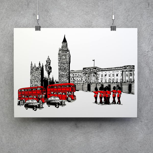 London Changing of the Guards Fine Art Print- A4 or A3 size- Free UK Shipping