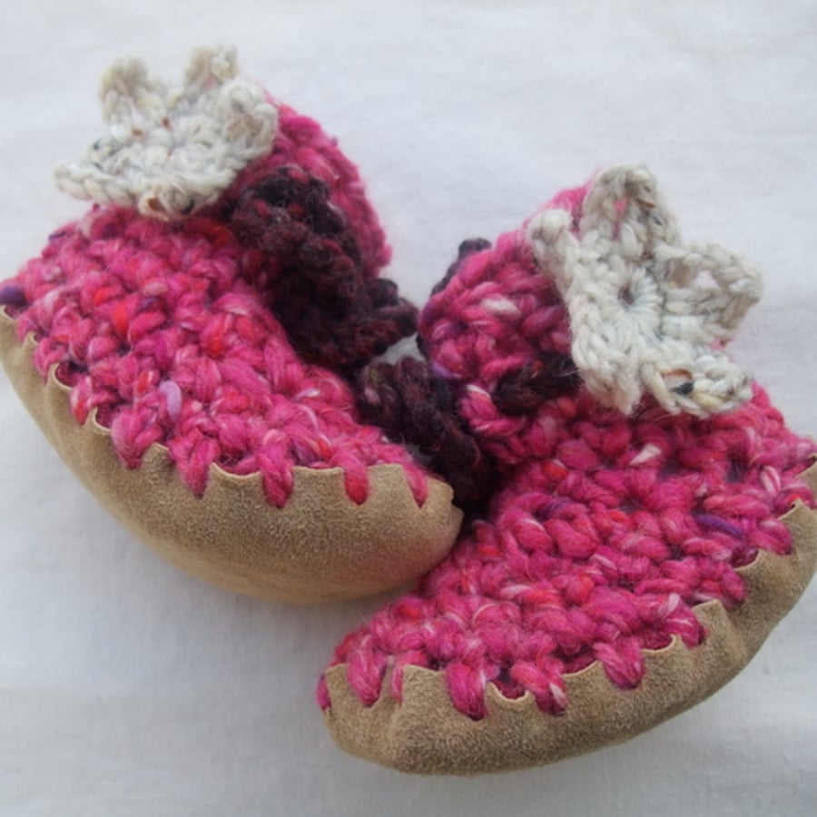 Wool, angora & leather baby boots pink 3-6 months