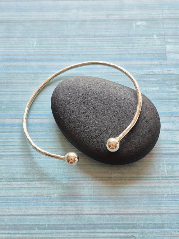 Sterling Silver 925 Textured Open Cuff Bangle Bracelet for Women with Ball Ends 
