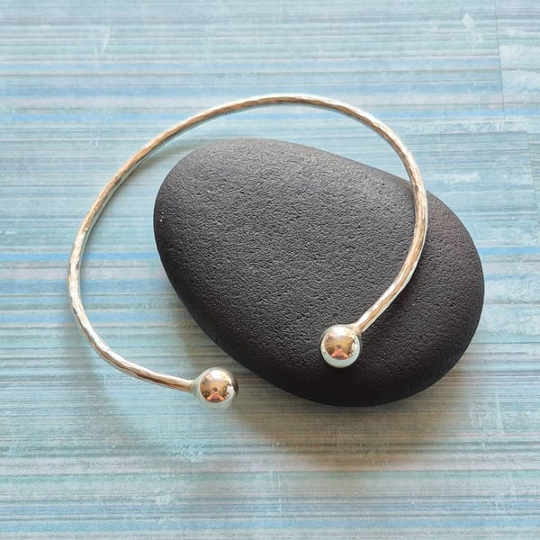 Sterling Silver 925 Textured Open Cuff Bangle Bracelet for Women with Ball Ends 