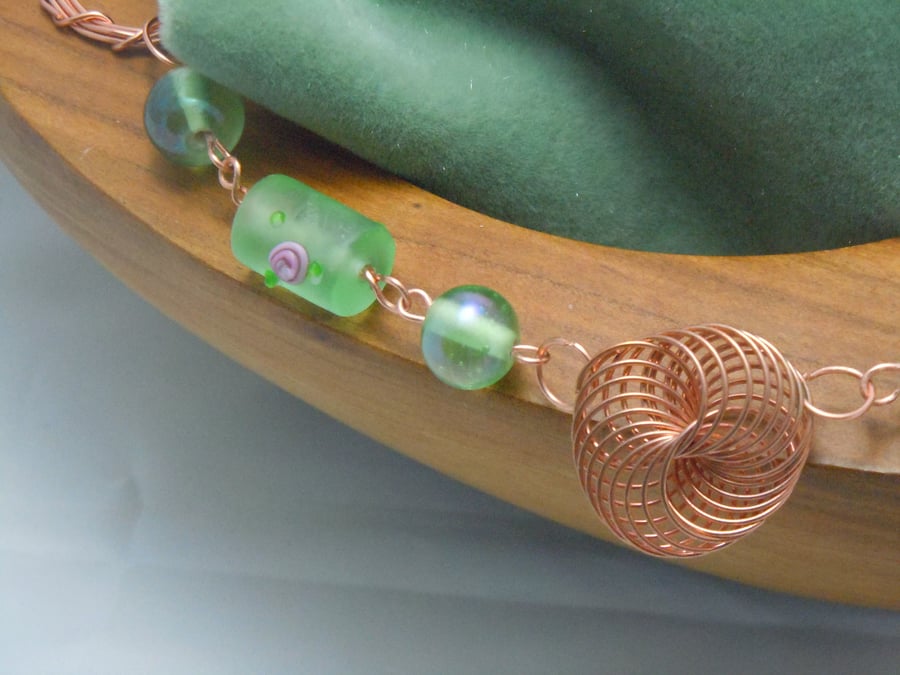 Copper Circles & green Glass Bead Necklace