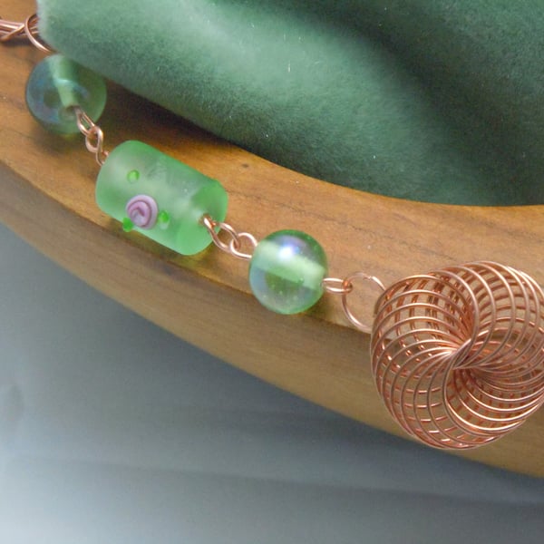 Copper Circles & green Glass Bead Necklace