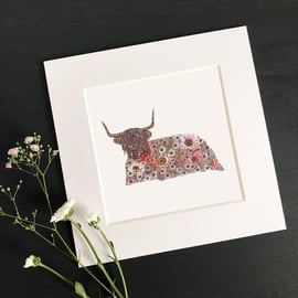 'Highland Cow' 8" x 8" Mounted Print