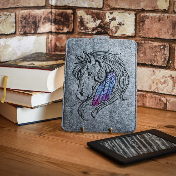 Fantasy tribal horse embroidered felt kindle ereader ebook sleeve case