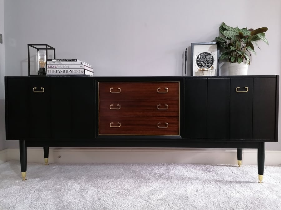 Sideboard upcycled painted black gold walnut mid century furniture for new home