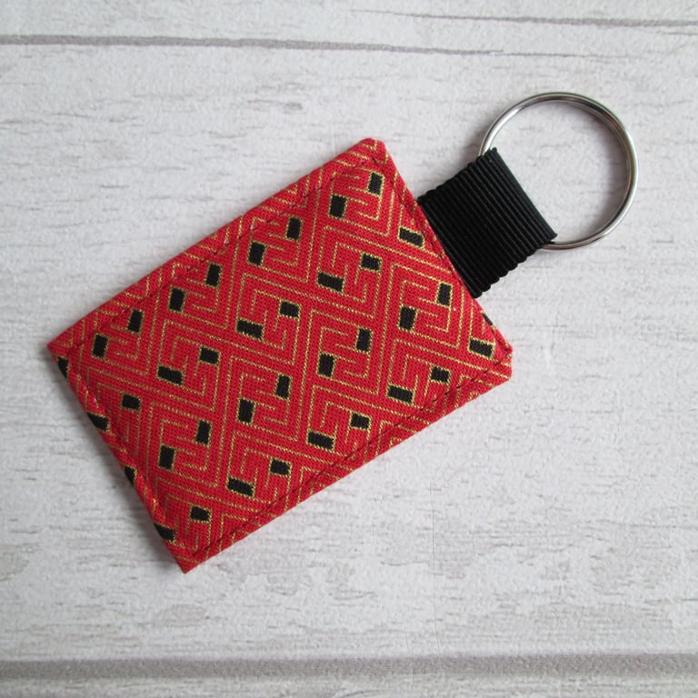 Deco Style Geometric Keyring - Black and Gold on Red, Bag Tag, Luggage Tag