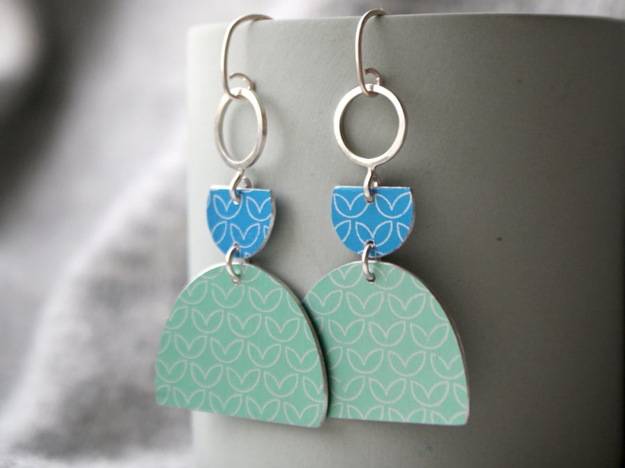 Statement dangle earrings blue and mint