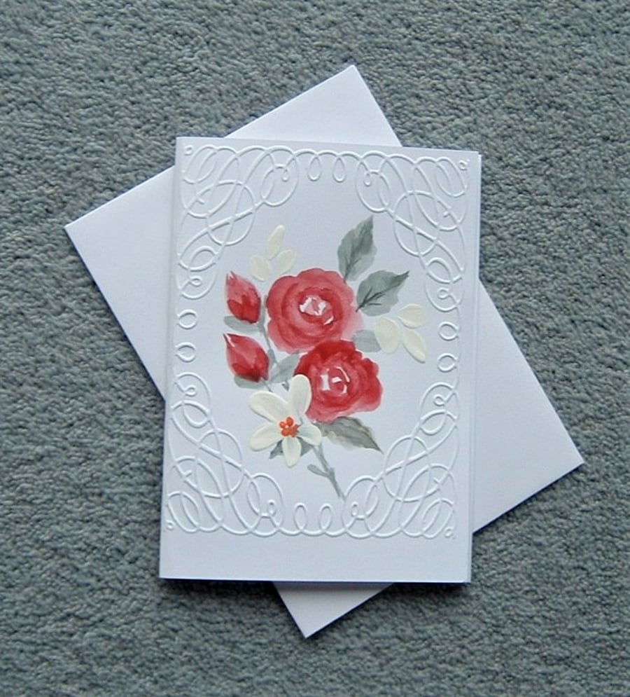 roses, floral hand painted blank greetings card ( ref F 123)