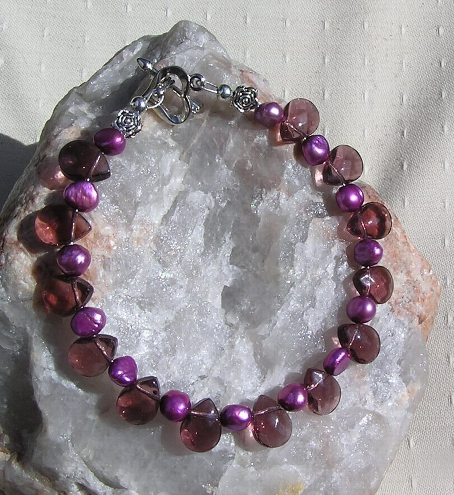 SALE - Amethyst Teardrop & Purple Freshwater Pearl Gemstone Crystal Bracelet