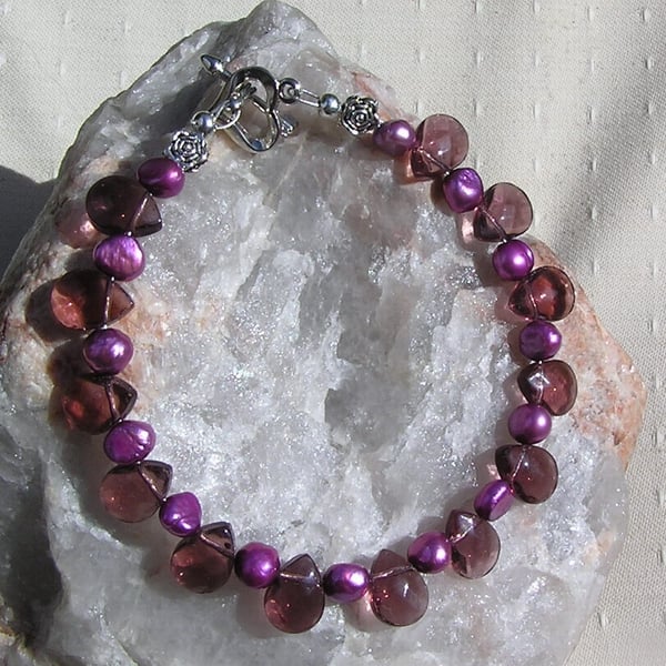 SALE - Amethyst Teardrop & Purple Freshwater Pearl Gemstone Crystal Bracelet