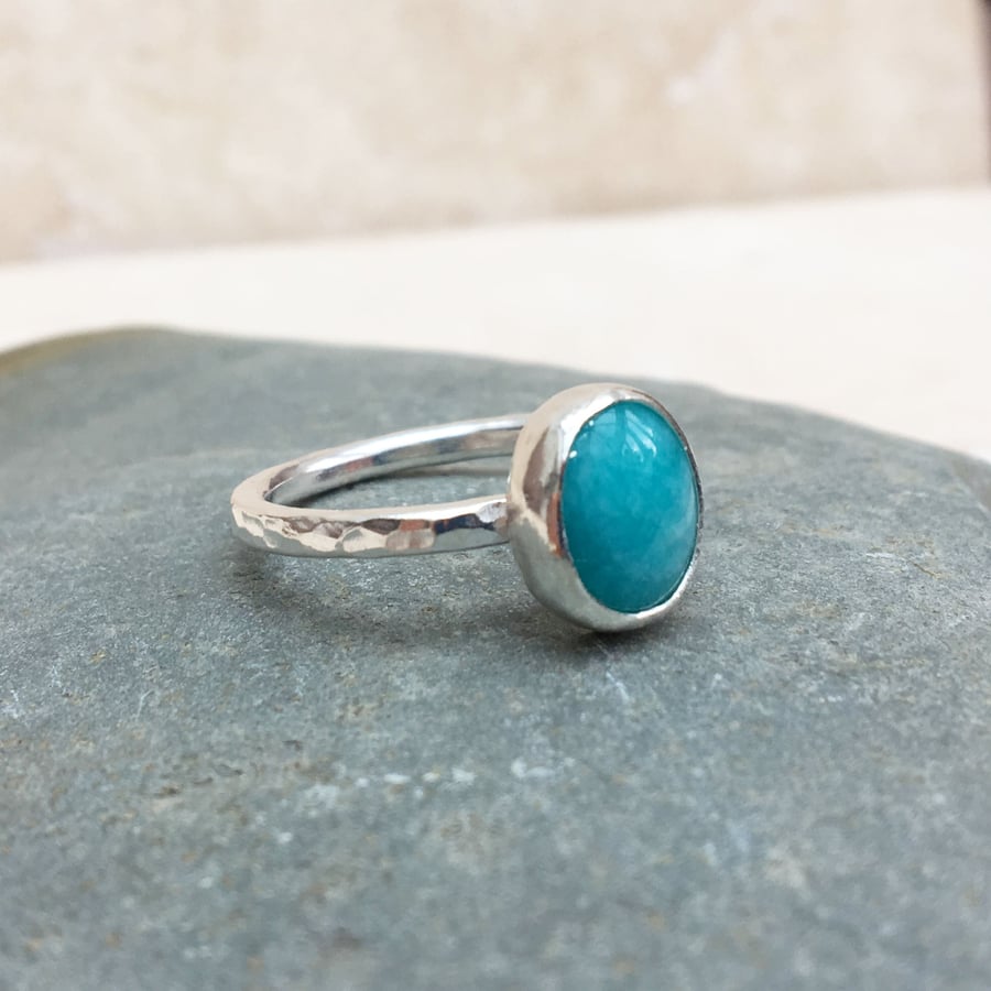 Silver and Turquoise Amazonite Gemstone Ring - UK Size Q - RNG040