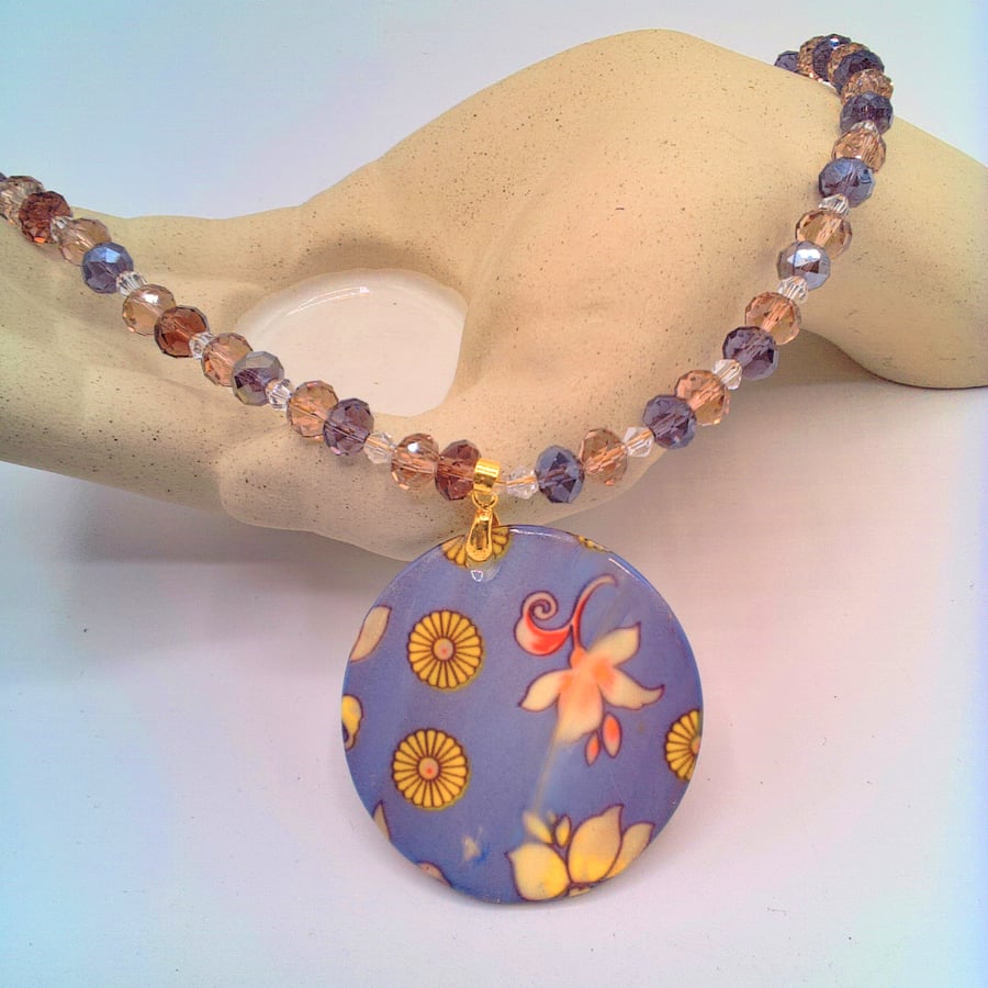 Lilac Floral Shell Pendant on a Crystal Necklace, Shell Pendant Crystal Necklace