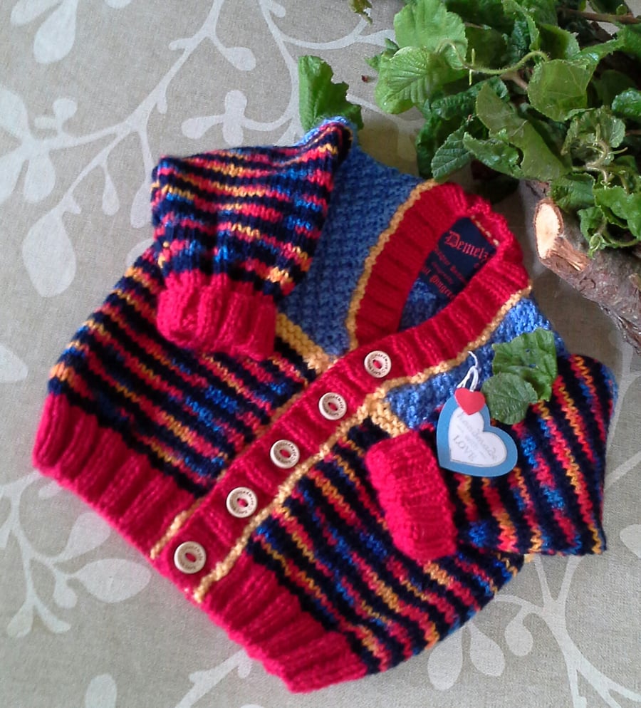 Hand Knitted Designer Gender Nutral Striped Baby Cardigan 6-12 months size