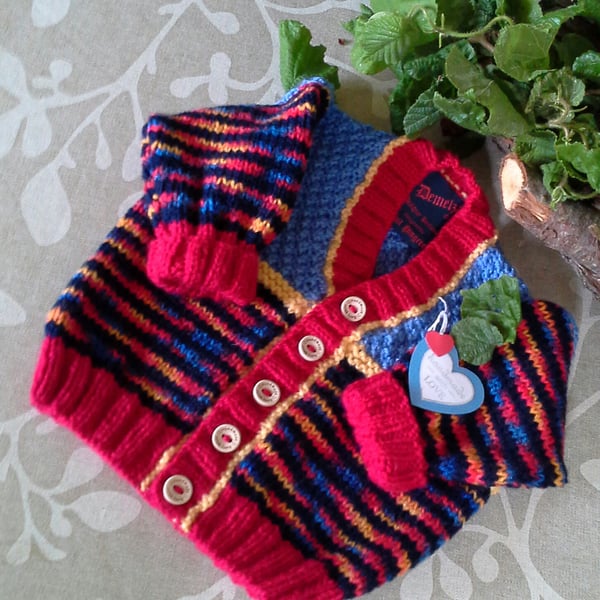 Hand Knitted Designer Gender Nutral Striped Baby Cardigan 6-12 months size