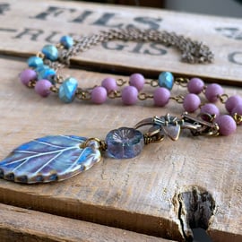 Artisan Ceramic Leaf Necklace. Purple & Blue Beaded Necklace. One of a Kind