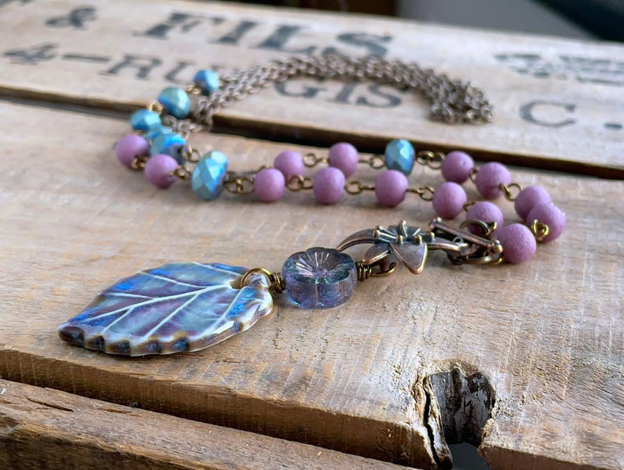 Artisan Ceramic Leaf Necklace. Purple & Blue Beaded Necklace. One of a Kind