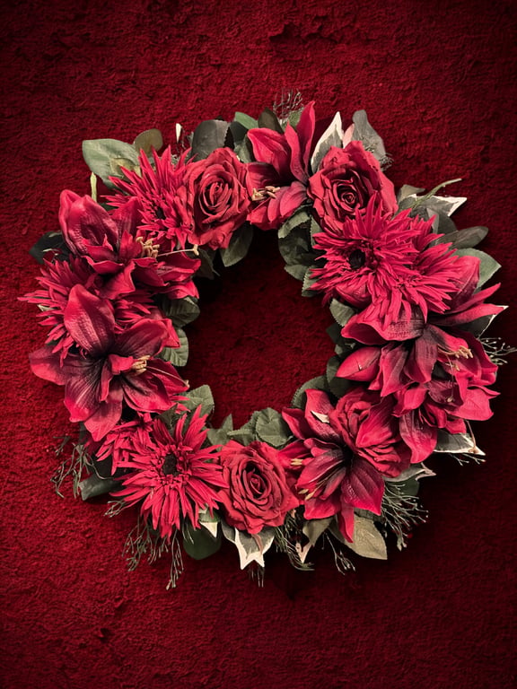 Luxury Deep Red Rose, Gerbera & Amaranthus Door Wreath — Bold, Dramatic & Handma