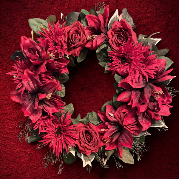 Luxury Deep Red Rose, Gerbera & Amaranthus Door Wreath — Bold, Dramatic & Handma