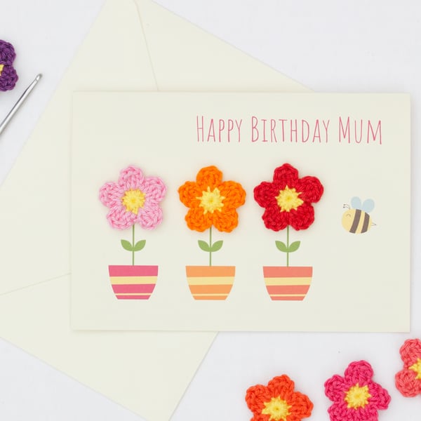 Mum Birthday Card Decorated With Handmade Crochet Flowers Mum Mummy Mam