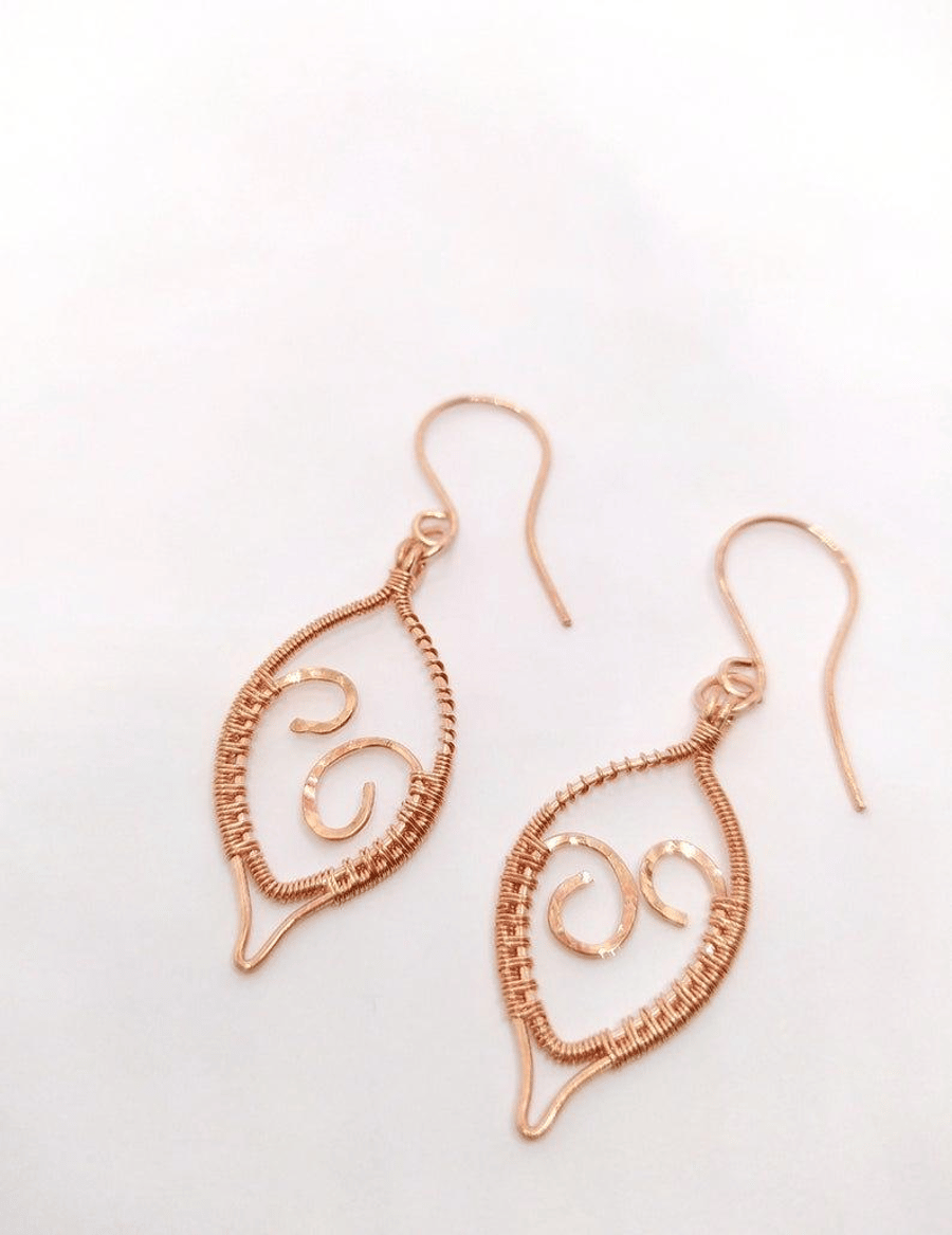 Small Wire Wrapped Leaf Shaped Textured Earrings in Copper