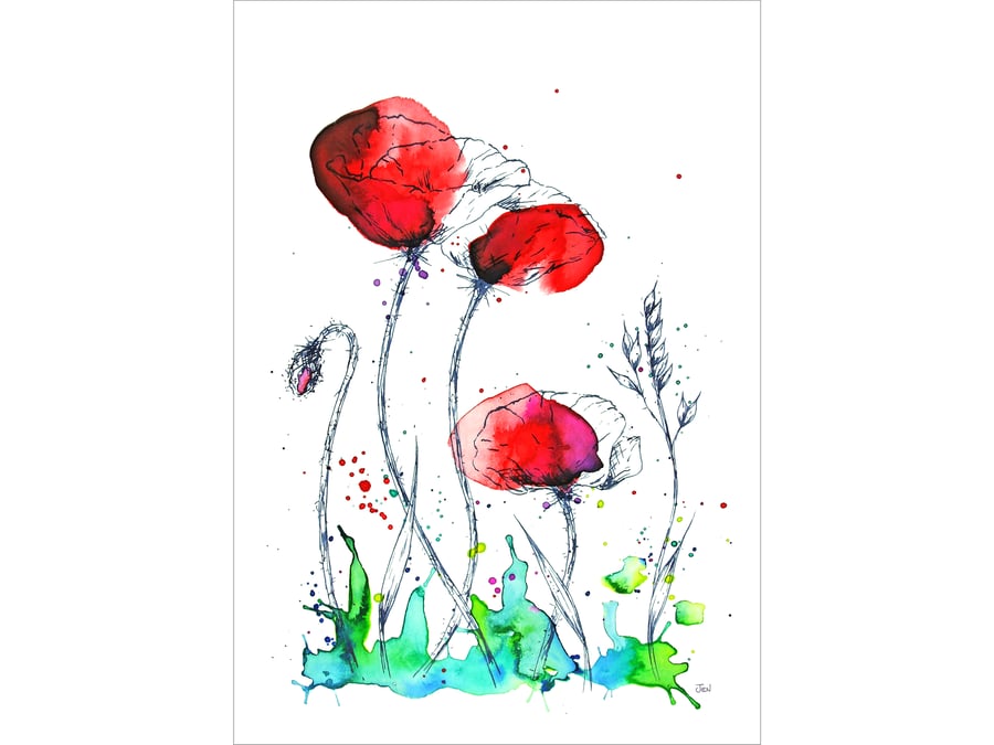 Crimson Poppy Field watercolour print featuring abstract meadow flowers