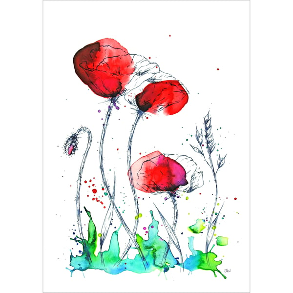 Crimson Poppy Field watercolour print featuring abstract meadow flowers