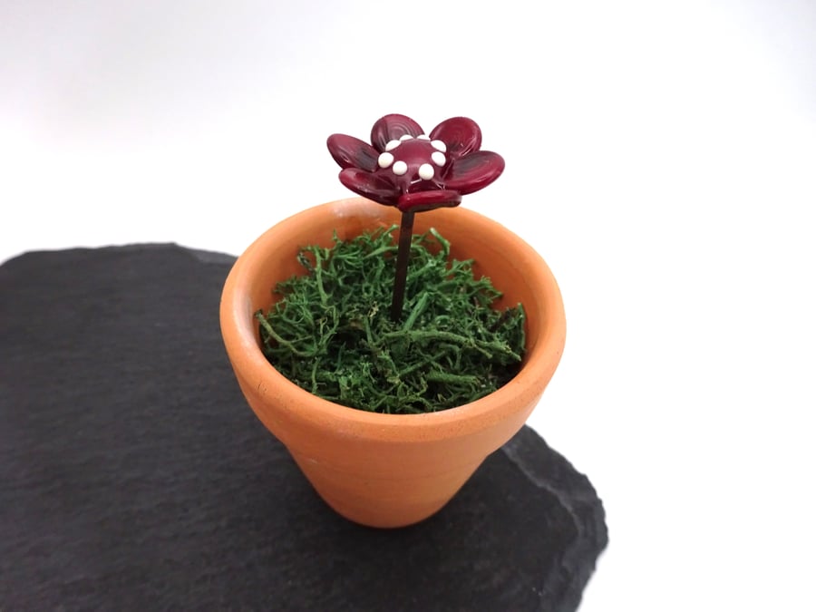 dark red glass flower in pot