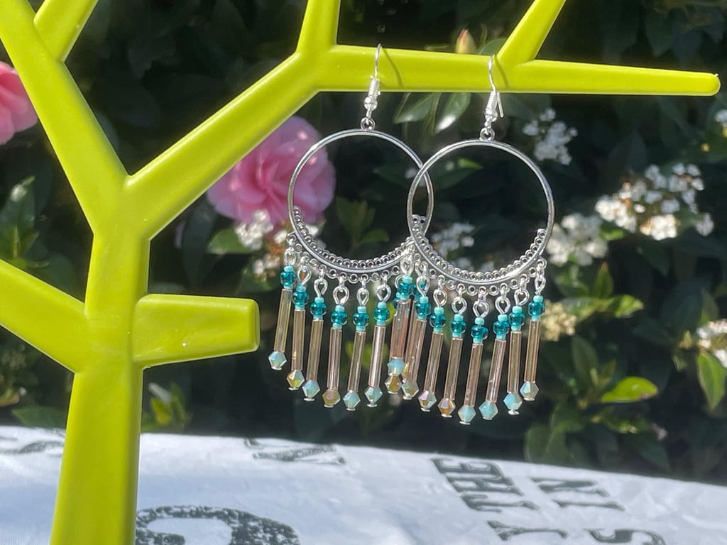 FRINGE CRYSTAL HOOP EARRINGS aquamarine blue pink silver plated statement boho