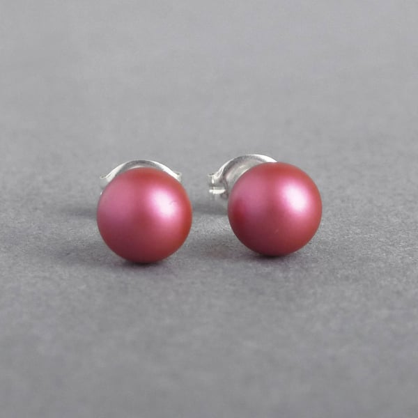6mm Dark Pink Glass Pearl Stud Earrings - Small Fuchsia Ball Studs for Women