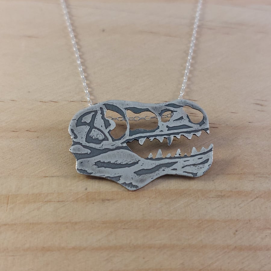 Sterling Silver T-Rex Skull Necklace