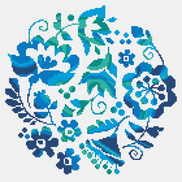 224A - Cross stitch Pattern Ukrainian Folk Art Flowers BLUE (PDF Counted Chart)