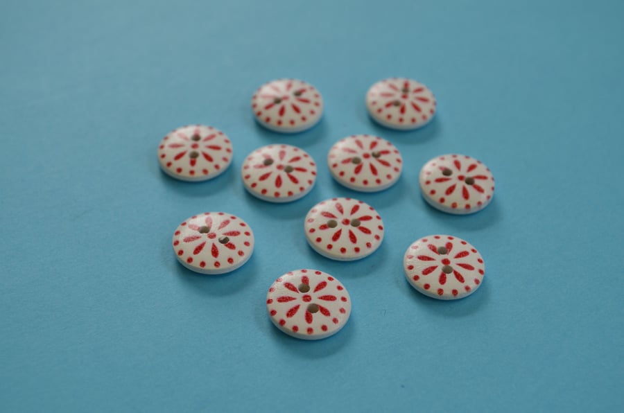 15mm Wooden Floral Buttons Red White 10pk Flowers (SF8)