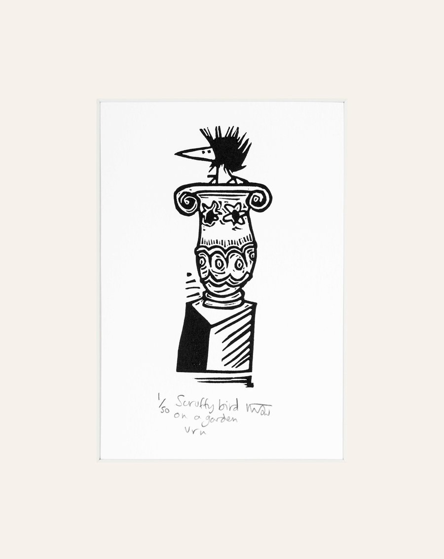 Scruffy Bird on a Garden Urn - lino print