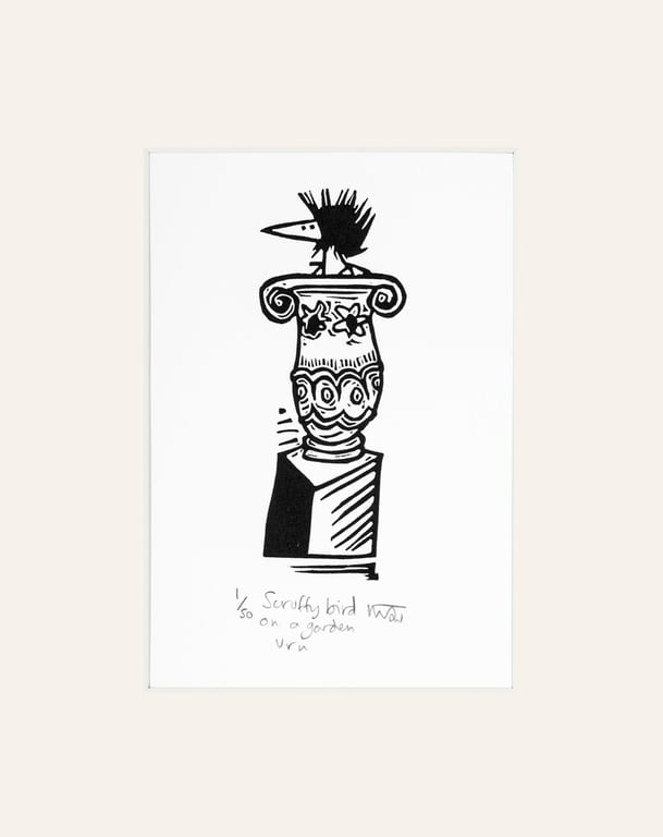 Scruffy Bird on a Garden Urn - lino print