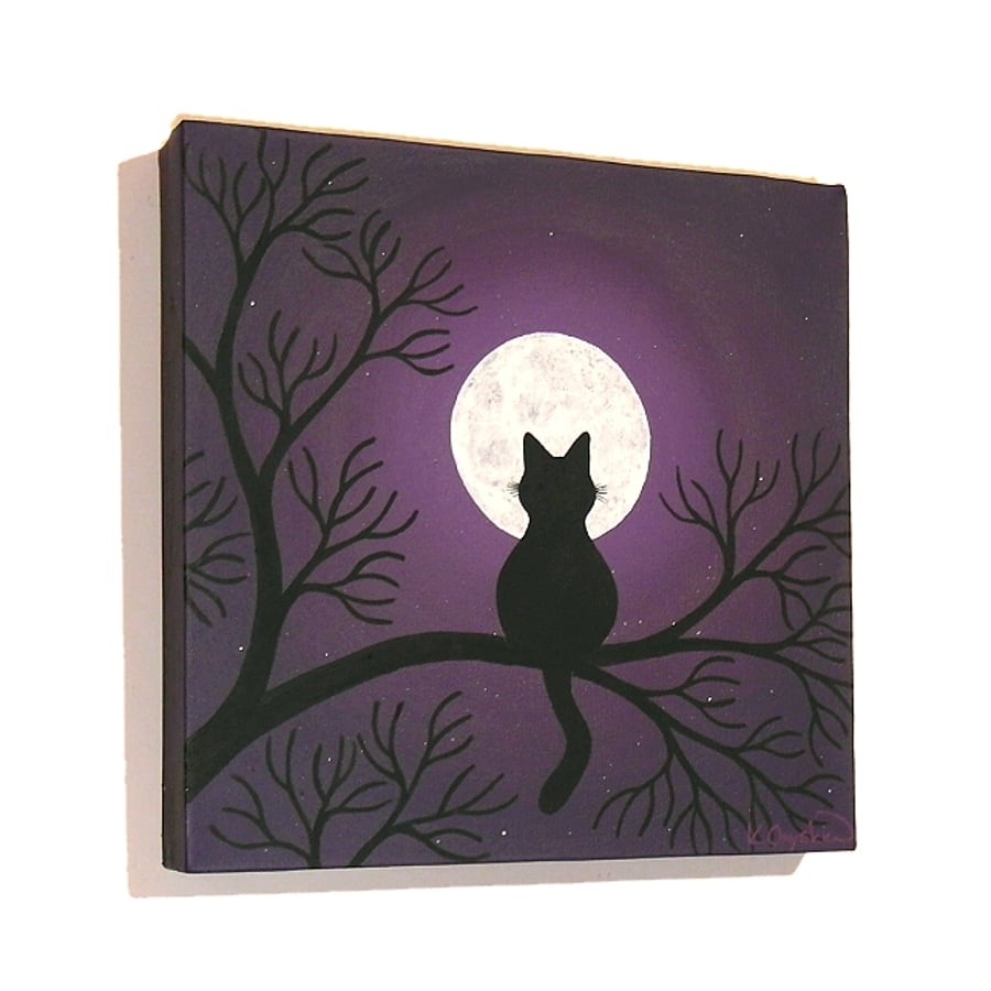 Moonlit Cat in a Tree Original Painting - acrylic art on square canvas