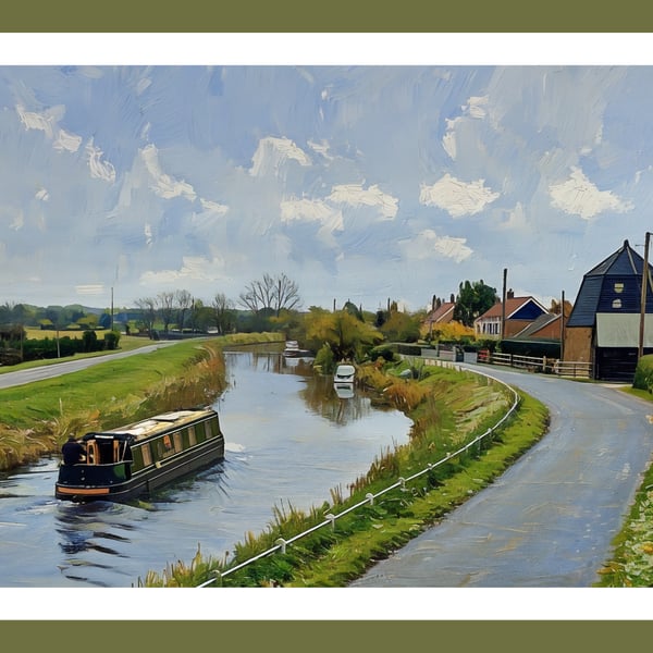 Narrow Boat On The Fens Norfolk Autumn Time Greeting Card A5