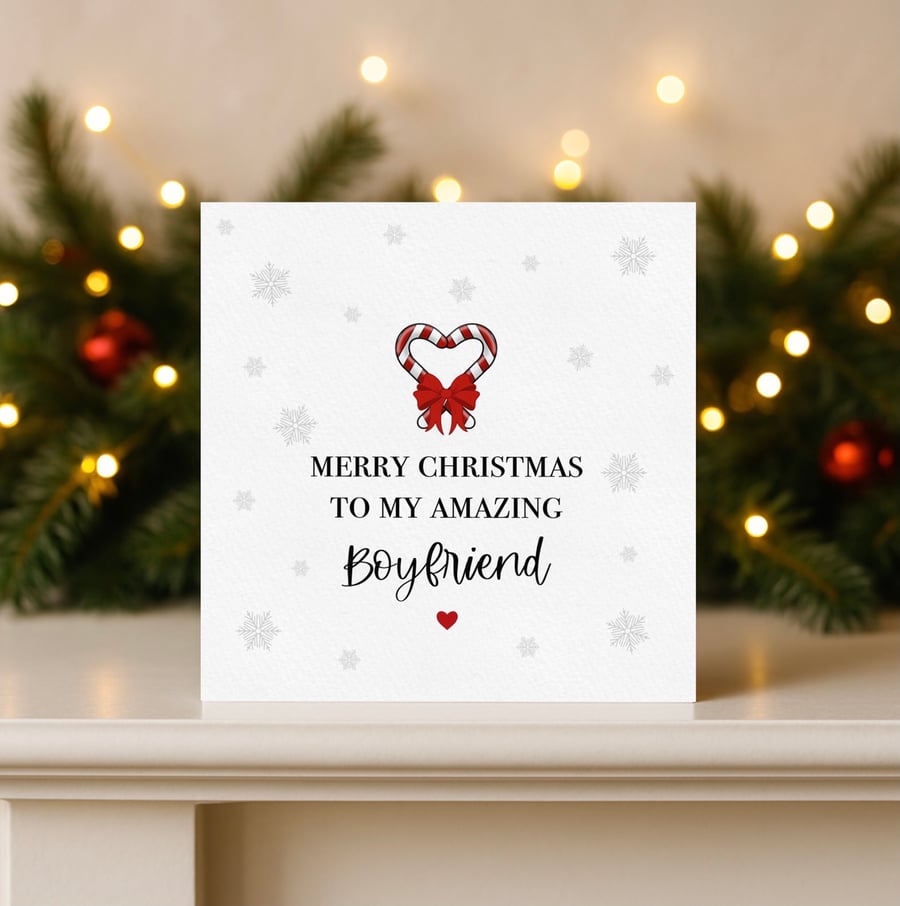 Love Christmas Card For Boyfriend, Festive Candy Cane Handmade Card