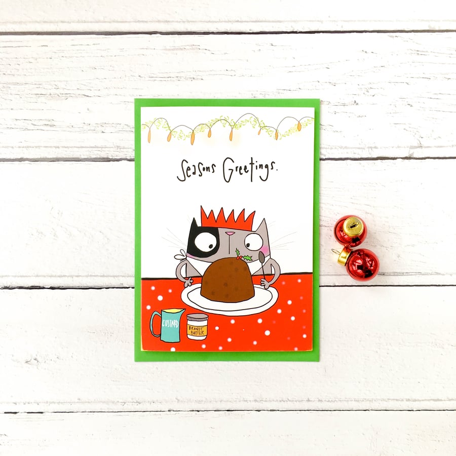 Christmas pudding cat card