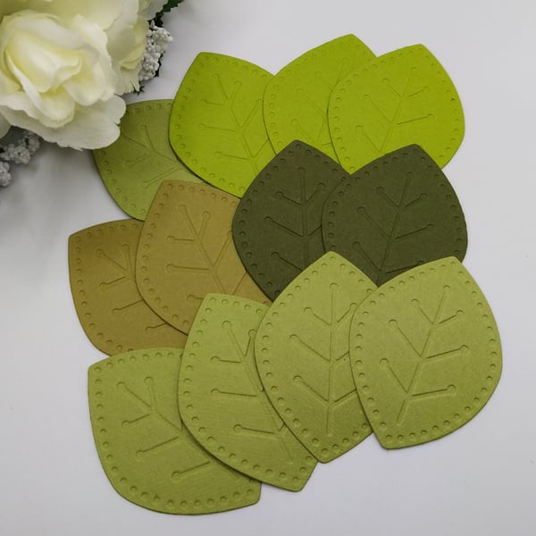12 x Debossed - Embossed Leaf Die Cuts - Leaves - Variations of Green 