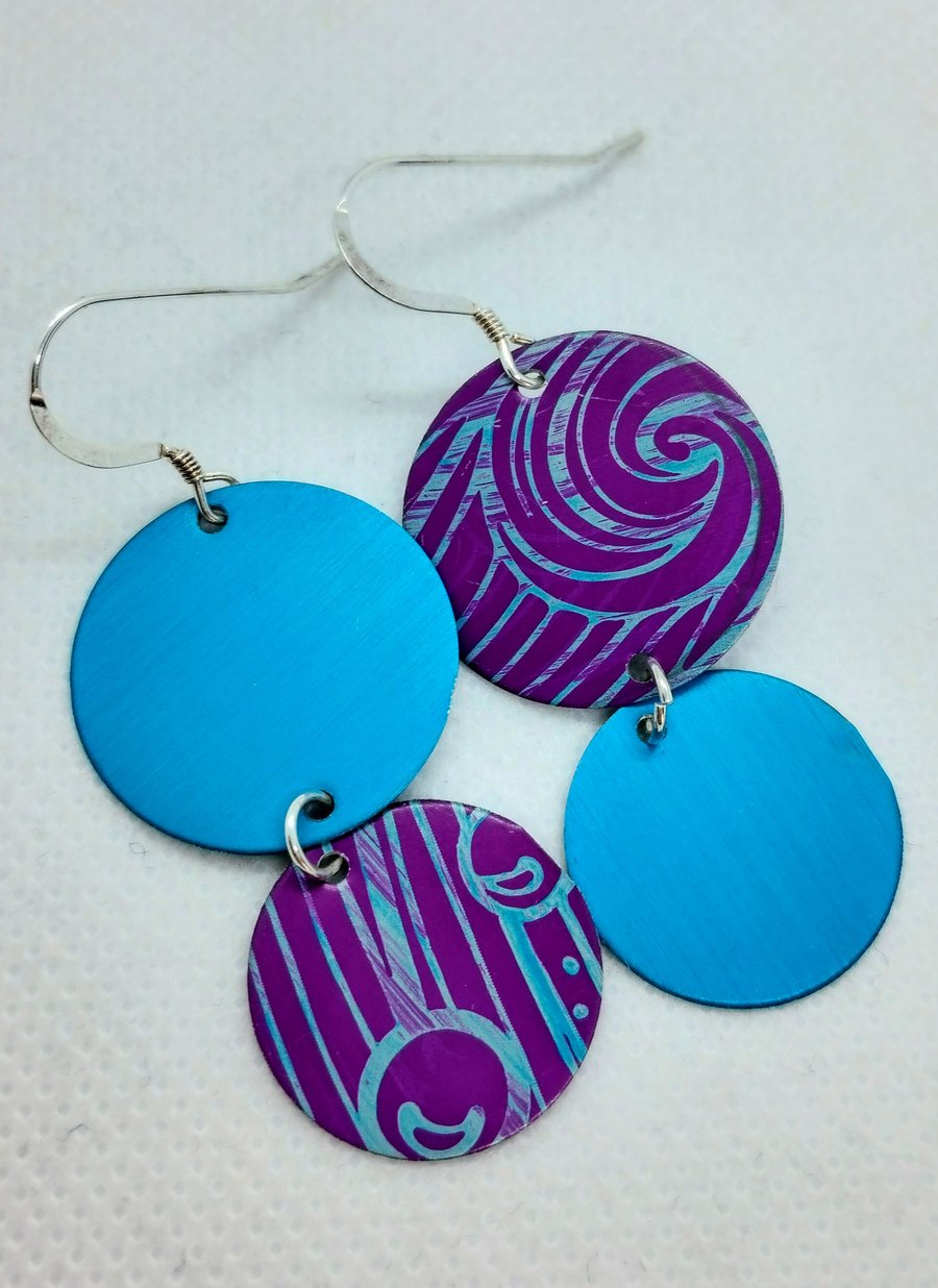 Turquoise and purple hand dyed asymmetrical aluminium earrings
