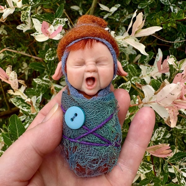 Pixie baby, hand sculpted polymer clay baby pixie, needle felted pixie baby