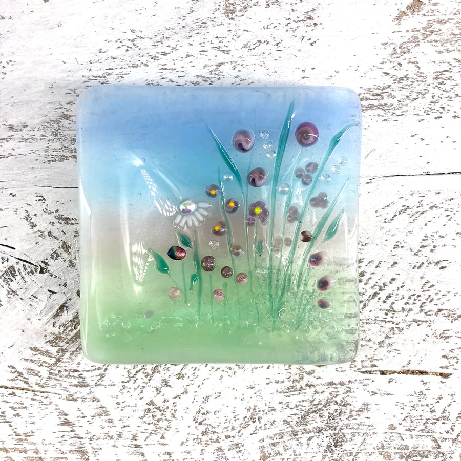Ring Dish - Fused glass flowers with lampwork and dichroic detail  