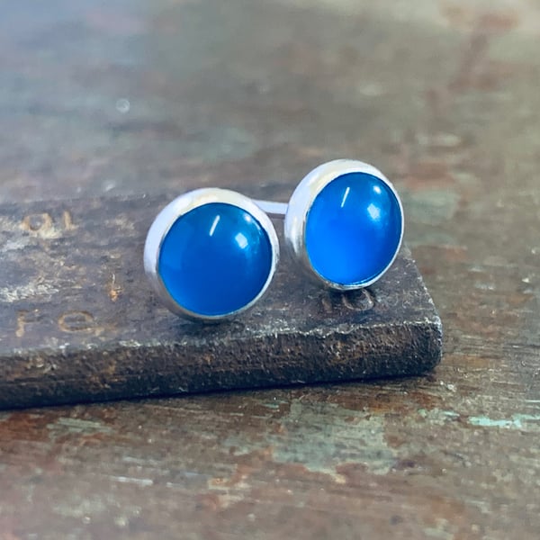 STERLING SILVER  Blue Agate Stud Earrings, Handamde Urban Jewellery