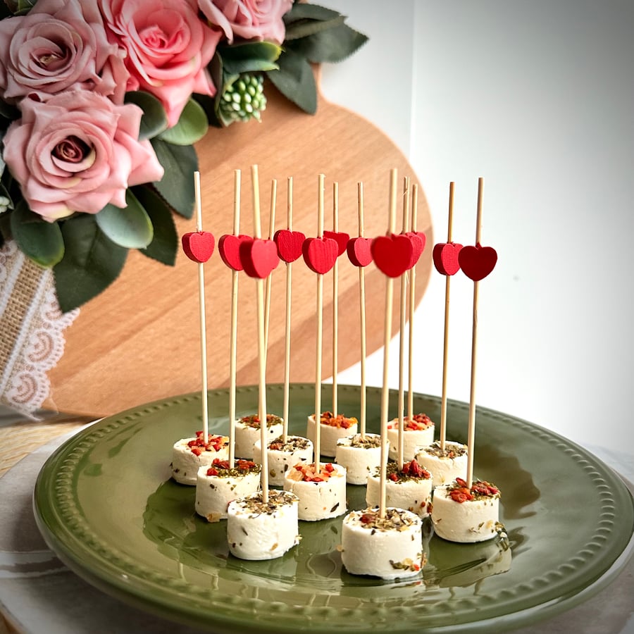 Red heart dinner party appetiser skewer for dinner date cocktail fruit pick