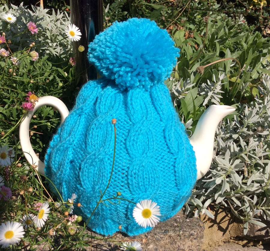 Traditional turquoise Blue Cable Knitted Tea Cosy - 4 to 6 cup pot