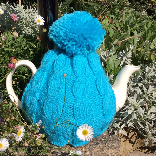 Traditional turquoise Blue Cable Knitted Tea Cosy - 4 to 6 cup pot
